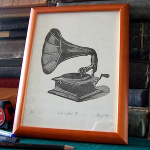 Beat box III phonograph linocut image 1