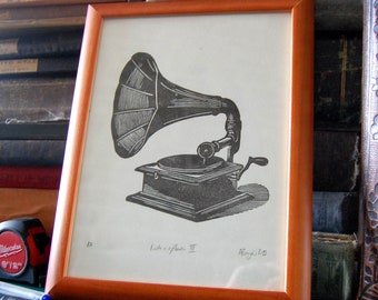 Beat box III - phonograph - linocut