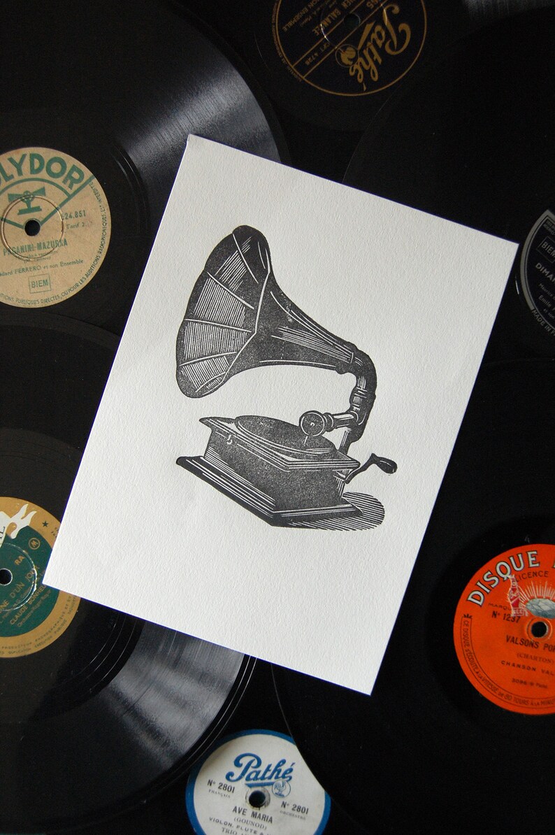 Beat box III phonograph linocut image 2