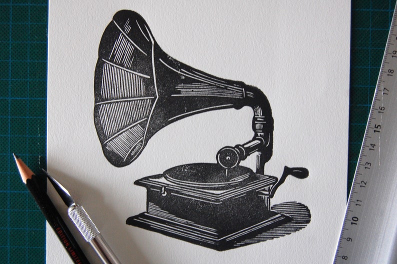 Beat box III phonograph linocut image 4