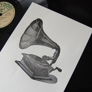 Beat box III phonograph linocut image 5