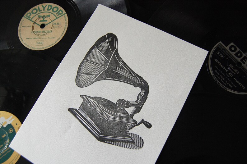 Beat box III phonograph linocut image 5