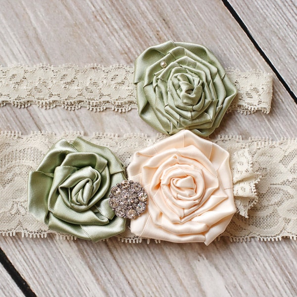 The {sarah}. Gorgeous Ivory and Sage Garter Set.