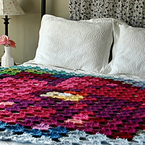 Pointillism Posie Crochet Pattern, Granny Square Flower Afghan Crochet Pattern, Blanket/Wall Hanging Pattern