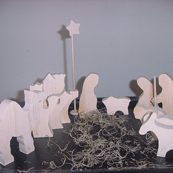 Unfinished  Nativity Set (large set)   Paint or Stain for all ages ( Christmas  Memories)