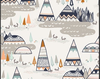 May include: A whimsical pattern featuring stylized mountains, trees, and foxes in a muted color palette. The design includes geometric shapes and decorative details, creating a playful, nature-inspired aesthetic. The color scheme includes shades of cream, gray, navy, orange, and teal.