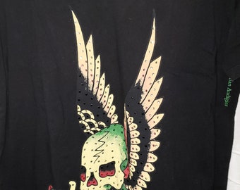 Vintage Ed Hardy Shirt Black Skull Dagger & Wings Spell Out Y2K +