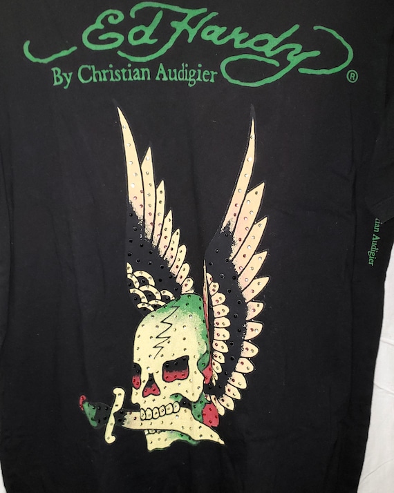 Vintage Ed Hardy Shirt Black Skull Dagger & Wings Spell Out Y2K +