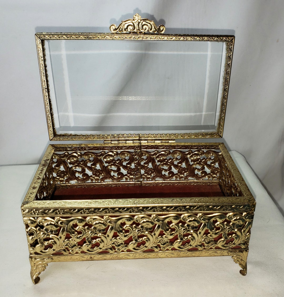 Avon Hollywood Recency Beveled Glass Topped Brass Jewelry Box Etsy