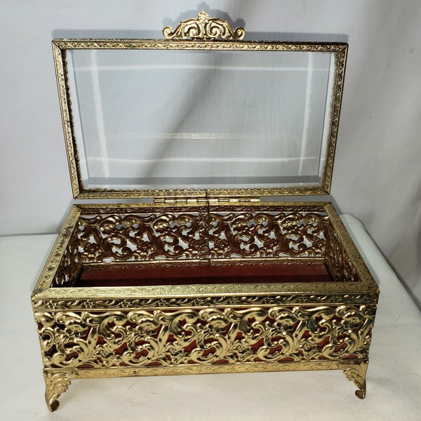 Avon Hollywood Recency Beveled Glass Topped Brass Jewelry Box Vintage  FREE USA Shipping