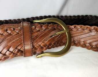 Linea Pelle Woven Leather Belt, Wide Brown Belt With Brass  display picture 2