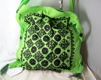 1972 Vintage Embroidered Cotton Shoulder Bag, Mirrors, Groovy Hippie Style