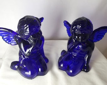 Vintage Pair of Cobalt Blue Glass Angels Cherubs Candle Holders 1950's FREE USA Shipping