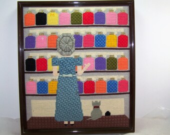 Vintage Needlepoint Art – Grandma, Cat, and Candy Jars in Lucite Frame