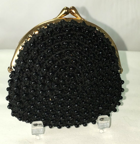 Vintage 1960's Black Beaded Change Purse Pouch Wit