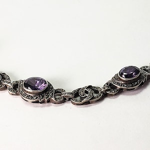 Vintage 1990s Sterling Silver 925 & Marcasite Bracelet with Synthetic Amethyst Stones. FREE USA Shipping