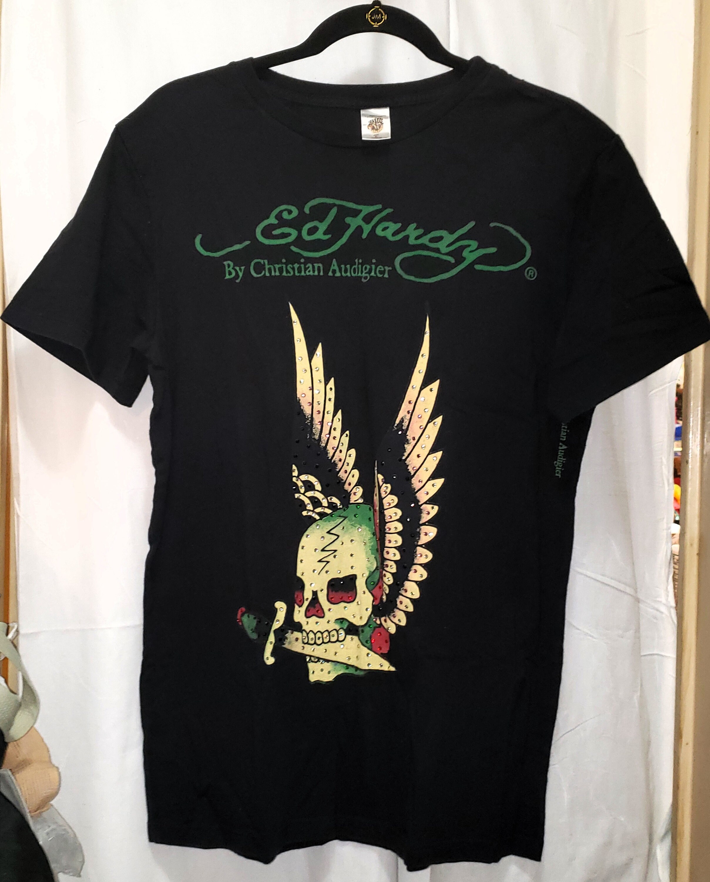 Vintage Ed Hardy Shirt Black Skull Dagger & Wings Spell Out Y2K +