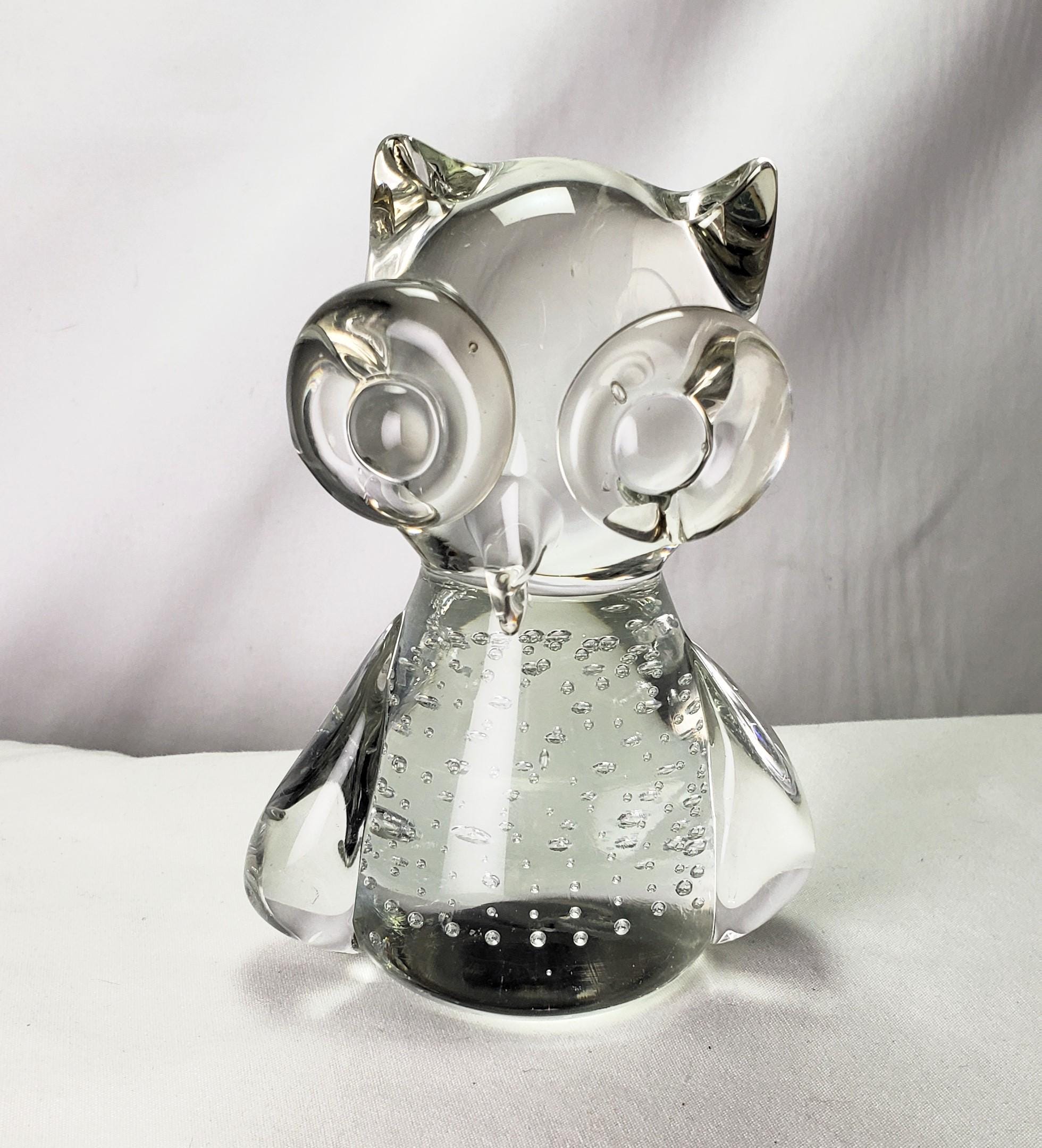 Vintage Blown Glass Owl with Huge Eyes, Bubble Body & Smooth Bottom Clear Glass No Flaws!  FREE