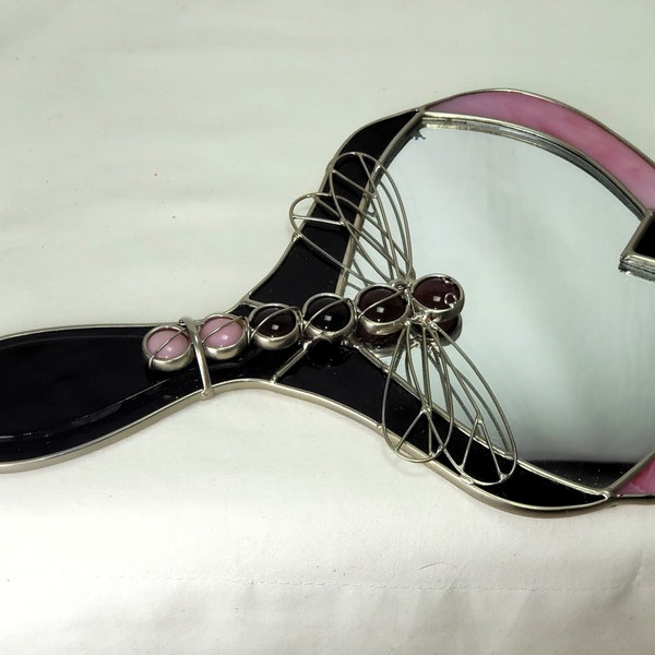 Dragonfly Stained Glass Hand Mirror Pink, Purple & Black Artisan Hand Made  FREE USA Shipping