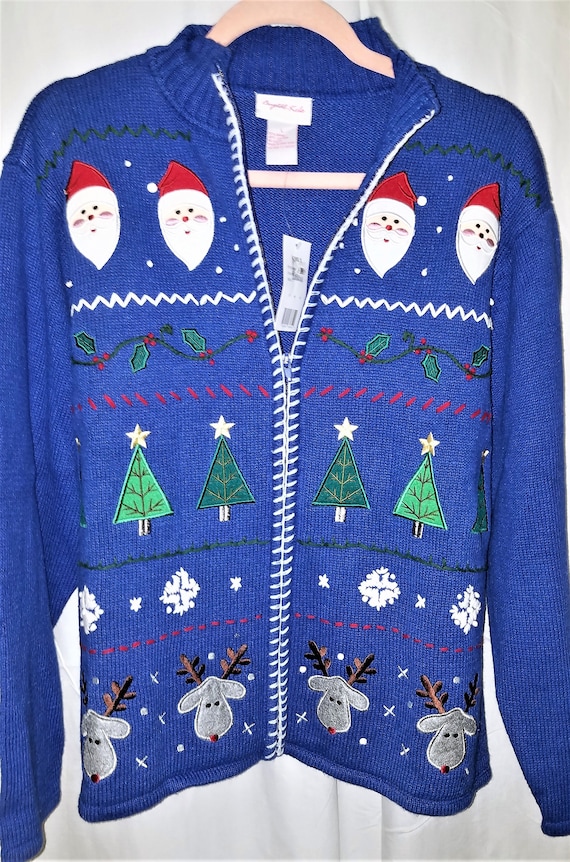 Vintage 80s Ugly Christmas Sweater Blue Ramie Cott