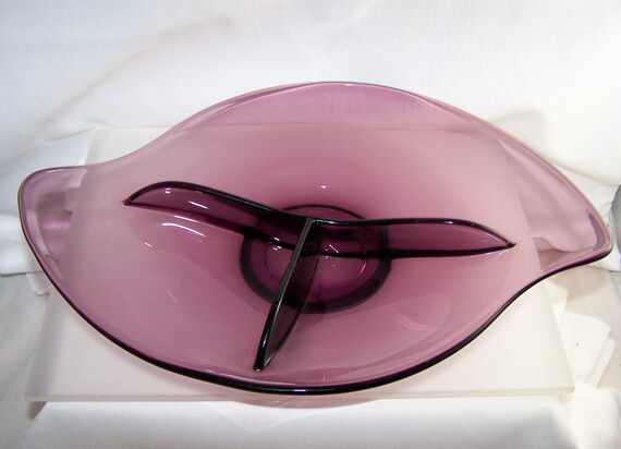 MCM Viking Glass Epic Line Hand Made Large 3 Section Purple BOWL Vtg 50s-60s  FREE Shipping!