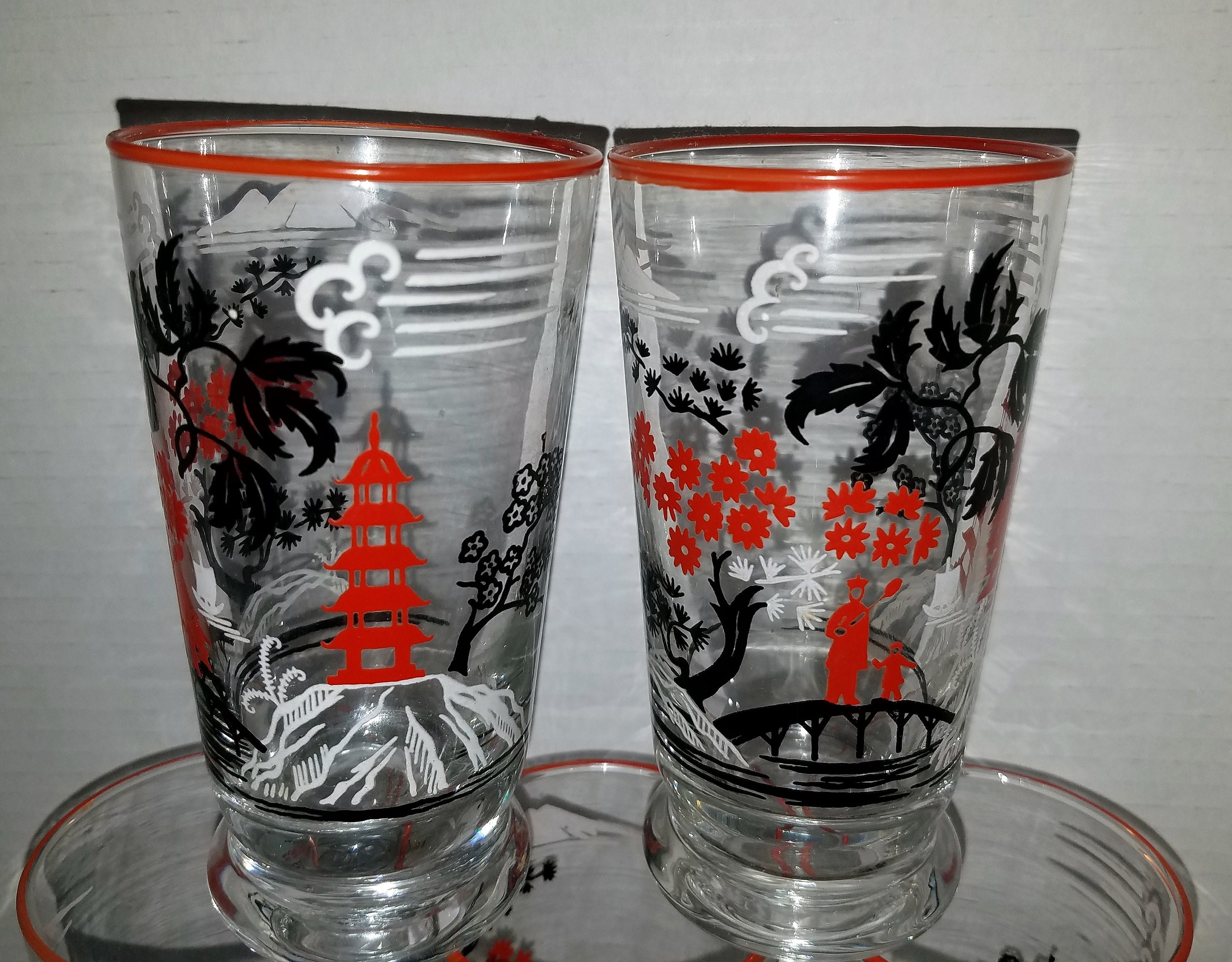 Vintage 5 TALL ASIAN SCENE Drinking Glasses Set of 4 Colors