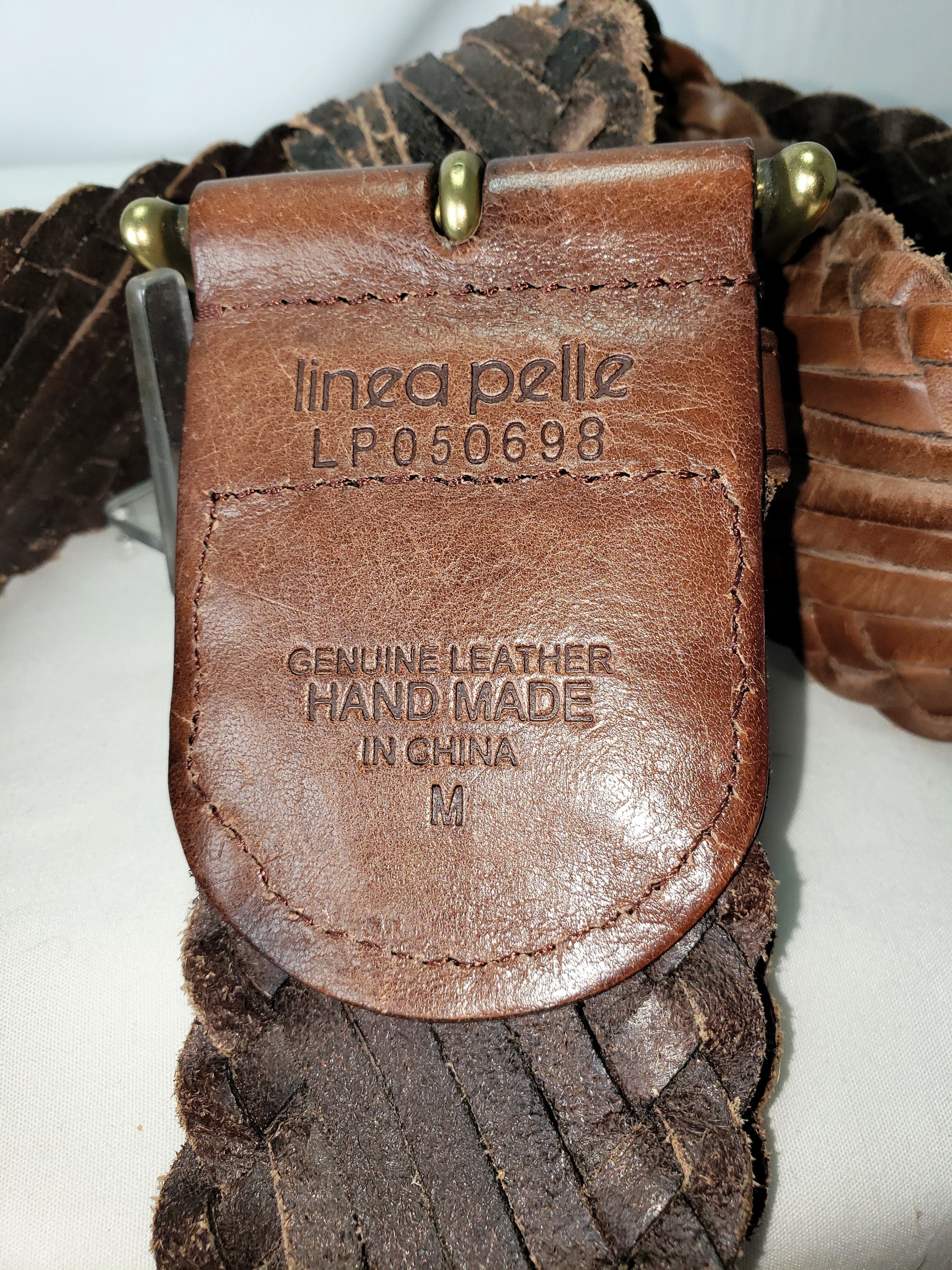 Linea‎ Pelle Collection Brown Leather Embroidered Belt Linea Pelle woven belt with‎ solid brass buckle large vintage main image 2