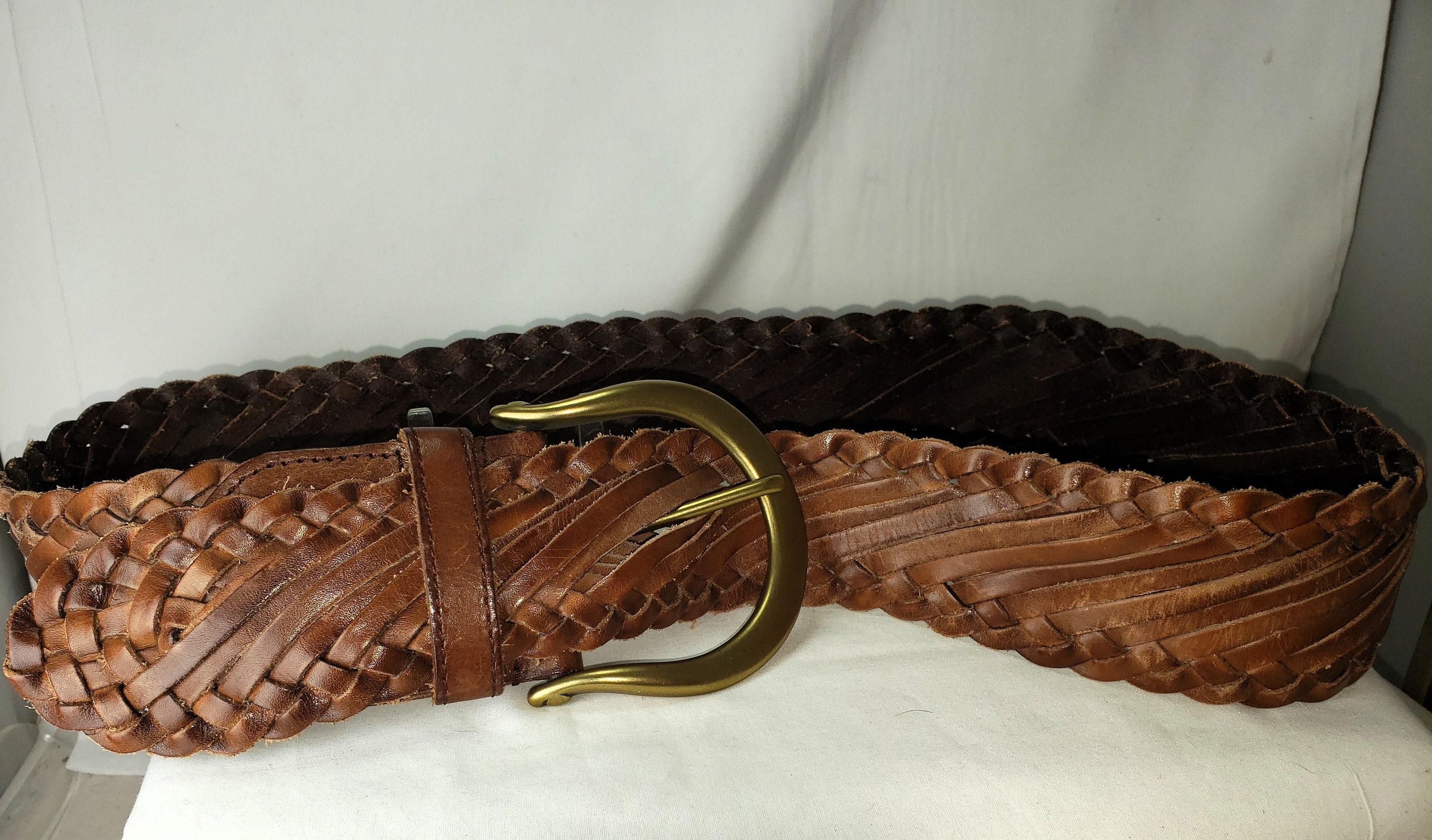 Linea pelle Gold Woven Leather Belt with Gold Buckle size S Vintage Linea Pelle Woven Leather Statement Buckle Belt main image 4