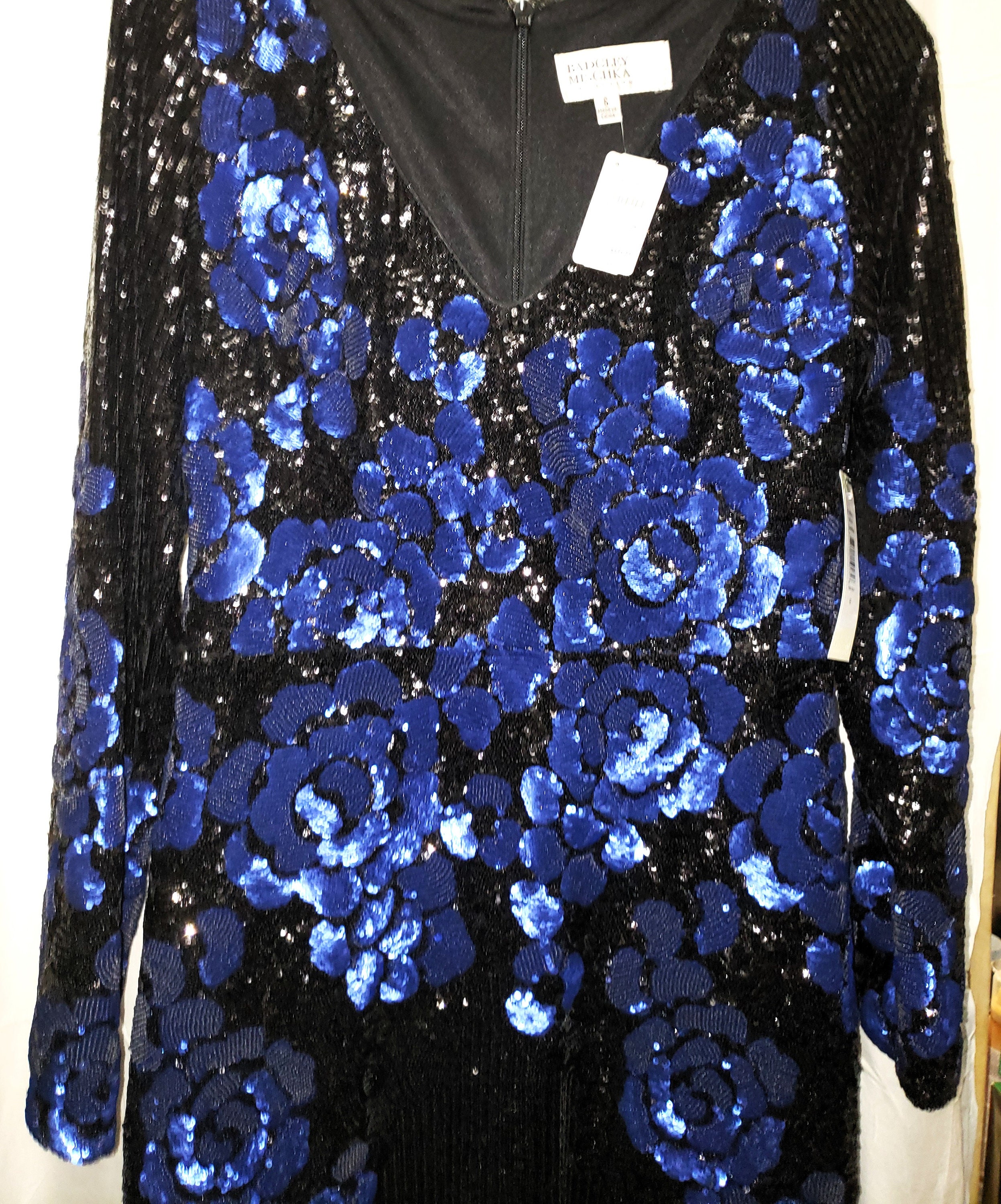 Badgley Mischka☆ビーズ装飾ネック ネイビーロングドレス BADGLEY MISCHKA 水色ワンピース ｜ハイブランド・海外ブランド