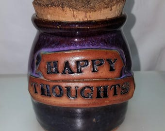 Artist Signed HAPPY THOUGHTS Deep Purple Pink Blue Glazed Pottery Jar Cork Lid Stash Jar Coin Jar Free USA Shipping