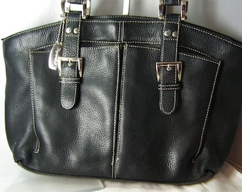 Vintage Tignanello Black Leather Shoulder Bag with Large Outer Pockets Double Handles Free USA Shipping