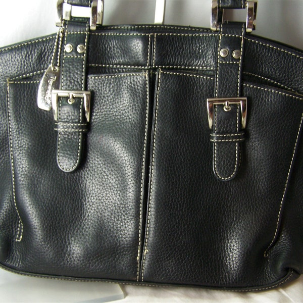 Vintage Tignanello Black Leather Shoulder Bag with Large Outer Pockets Double Handles Free USA Shipping