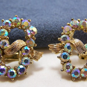 Vintage Coro Aurora Borealis Rhinestone Ribbon Love Knot Clip On Earrings Signed  FREE Shipping