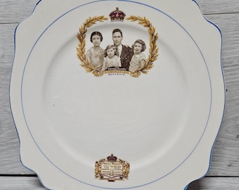 Vintage Royal Family Coronation Souvenir Ceramic Plate England 1937 King George VI British Marcus Adams England Queen Elizabeth