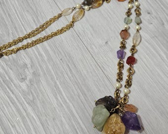 Carolee Lux Signed Vintage Long Gold Toned Chunky Gemstone Necklace Cluster