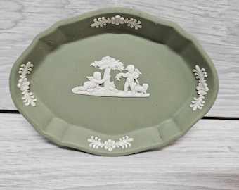 Wedgwood Jasperware Vintage Sage Green Small Oval Trinket Dish Cherubs Ceramic Made in England