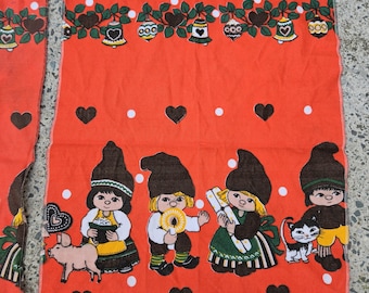 Vintage 2pcs 70s Swedish/Dutch Red Xmas Fabric Textile Pieces Retro Traditional Christmas