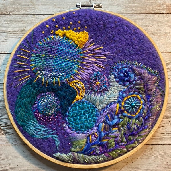 Purple & Blue Hand stitched embroidery hoop wall art 8"