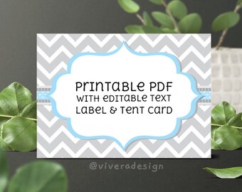 Editable PDF Printable - Grey Chevron and Baby Blue - Label / Sticker / Tent Card / Tags / Place Card - DIY