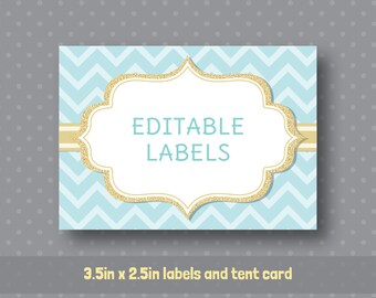 Editable PDF Printable - Mint Aqua Chevron and Gold - Label / Sticker / Tent Card / Tags / Place Card - DIY