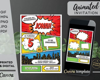 Animated Superhero Birthday Invitation - Red, Yellow, Green, Blue - Instant Editable Download