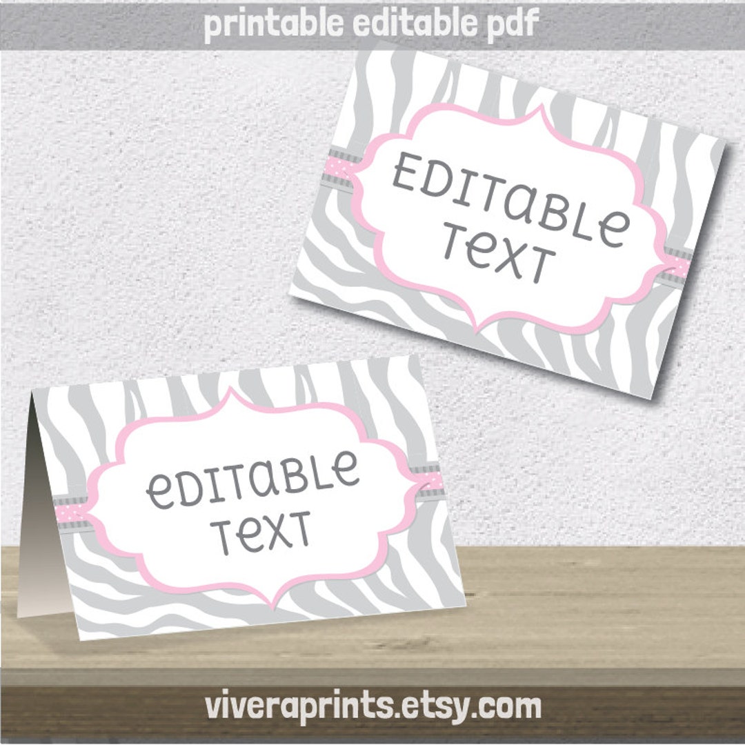 Editable PDF Printable Grey and Pink Zebra Label / Sticker / Tent Card / Tags / Place Card DIY