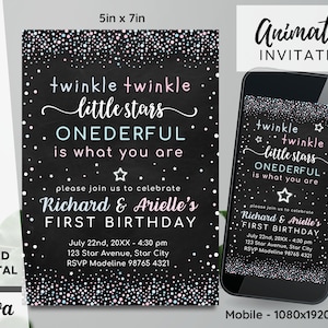 Boy Girl Twins First Birthday Invitation - Twinkle Little Stars Onederful is What You Are - Instant Editable Download