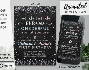 Boy Girl Twins First Birthday Invitation - Twinkle Little Stars Onederful is What You Are - Instant Editable Download