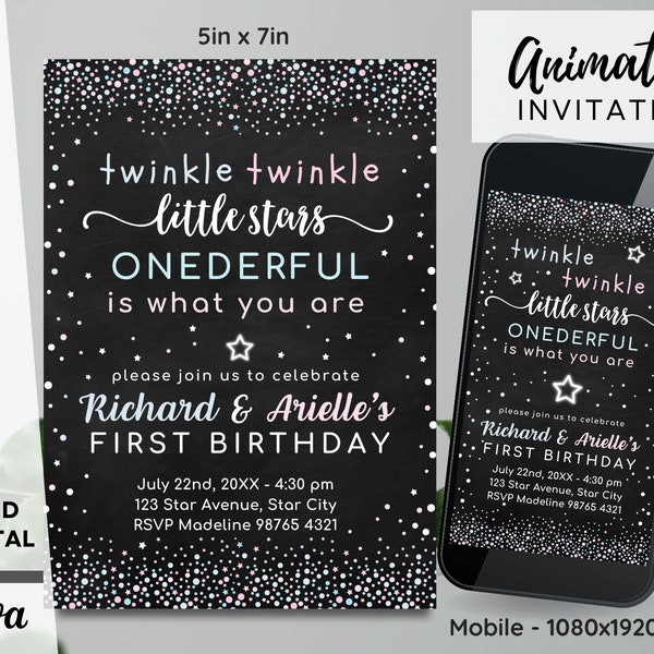 Boy Girl Twins First Birthday Invitation - Twinkle Little Stars Onederful is What You Are - Instant Editable Download