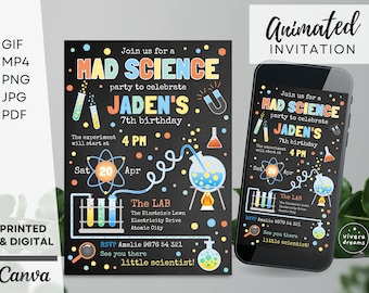 Pastel Mad Science Birthday Invitation - Instant Editable Download - Orange Blue Yellow Green