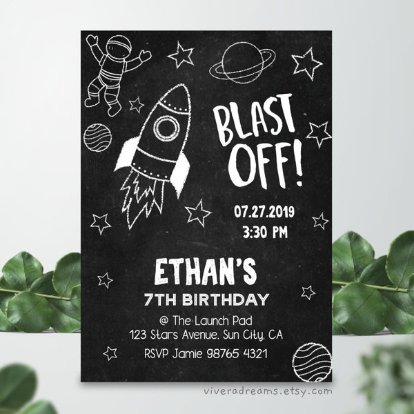 Monochrome Spaceship Chalkboard Birthday Invitation - Instant Editable Download