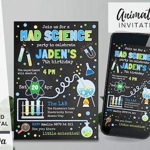 Blue and Green Mad Science Birthday Invitation - Instant Editable Download