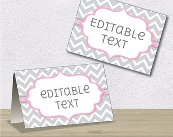 Editable PDF Printable - Grey Chevron and Pink - Label / Sticker / Tent Card / Tags / Place Card - DIY