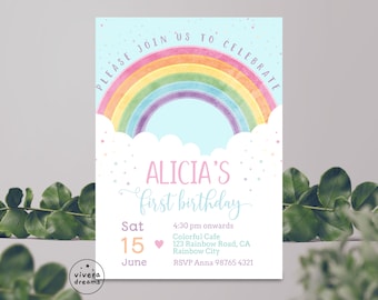 Fun Pastel Rainbow First Birthday Invitation - Instant Editable Download